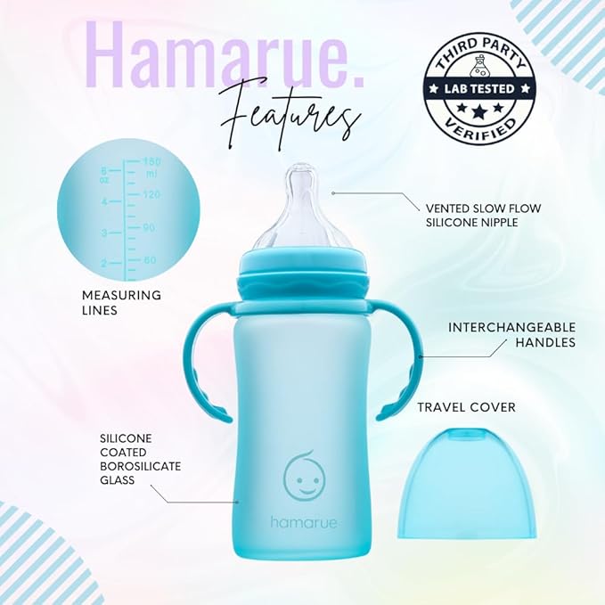 3-in-1 Glass Sippy Cups for Toddlers | Silicone Coated Glass Baby Bottles | Non-Toxic Transition Cup for Baby with Removeable Handles | Baby Straw Cup NB+,3M,6M,12M (Teal, 8 oz)