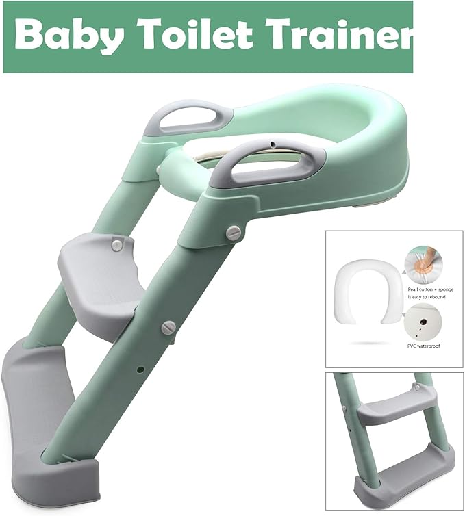 XKMT- Green Toddler Potty Training Seat Ladder Step Toilet Girl Chair Infant Kids Bathroom Trainer [P/N: ET-BABY002-GREEN]