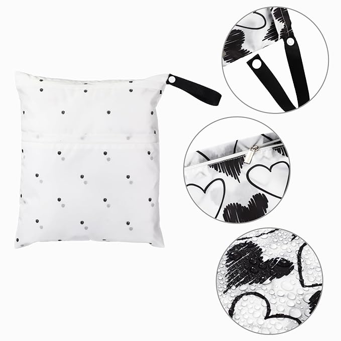 Frienda 4 Pieces Cloth Diaper Wet Dry Bag, Waterproof Reusable Washable Bag for Baby Items and Travel Zippered Pockets with Handle, Beach, Swimsuit, Dirty Gym Clothes and Toiletries(Heart)