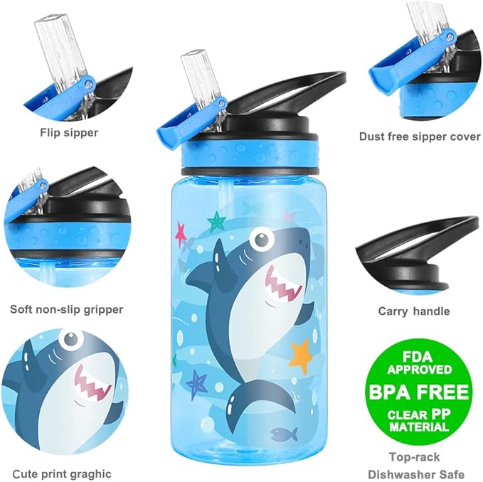 15oz Water Bottle for Kids Girls Boys School, BPA Free, Leak Proof Flip Straw, Carry Loop, Easy Clean - Shark