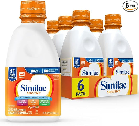 Similac Sensitive Infant Formula, for Fussiness & Gas Due to Lactose Sensitivity, Ready-to-Feed Baby Formula, 32-fl-oz Bottle, Pack of 6