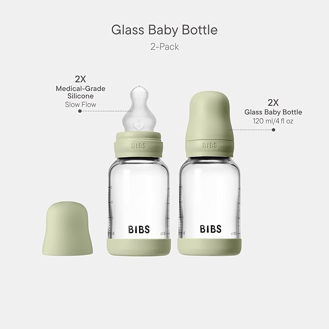 BIBS Glass Baby Bottles 2-Pack, 4 Oz. Anti-Colic System for Gas Reduction. Vented Round Silicone Nipple. Supports Infant and Newborn Breastfeeding - 120 ml (Pack of 2), Sage