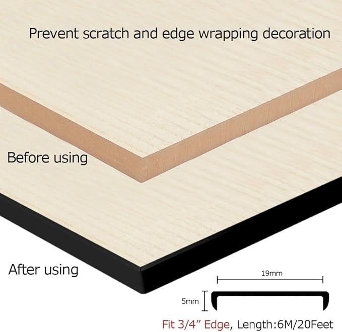 U Shape Plywood Edge Banding, Fit 3/4 inch Edge, Desk Edge Protector, Self-Adhesive Edge Trim for Veneer, Furniture, Countertop, Table, Sheet Metal, Black, 20Ft