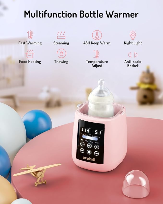 Bottle Warmer, prekull Fast Baby Bottle Warmer with Accurate Temp Control for Breastmilk, Formula, 48H Thermostat Milk Warmer with Thaw, Night Light, Multifunctional Bottle Warmer for All Bottles-Pink