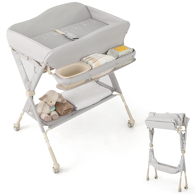 HONEY JOY Changing Table, Folding Mobile Diaper Nursery Organizer w/Wheel, 3 Adjustable Heights, Storage Bag & Open Shelf, Water Basin, Portable Baby Changing Station for Newborn Infant(Gray)