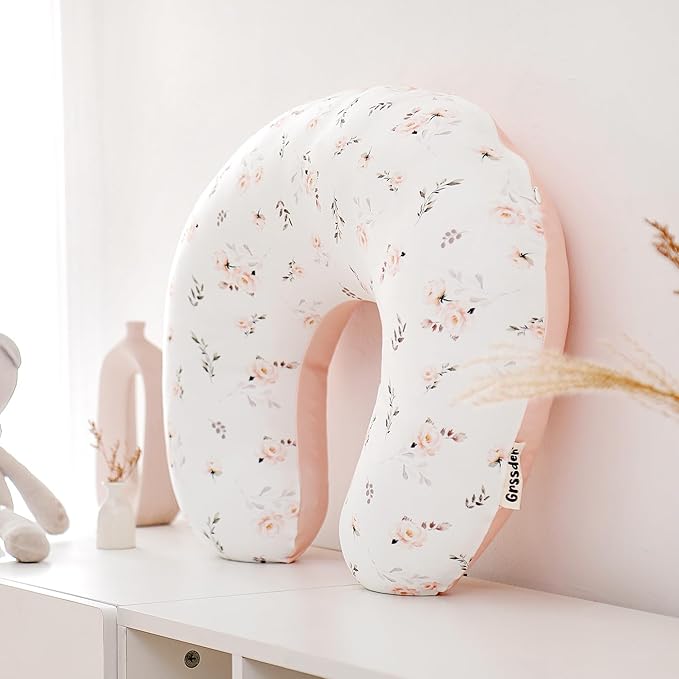 GRSSDER Reversible Nursing Pillow Cover, Ultra Soft Stretchy Minky Removable Nursing Covers Fitted for Breastfeeding Pillows Snug and Safe, Comfortable Slipcover for Girls, Stylish Pink Rose Flora