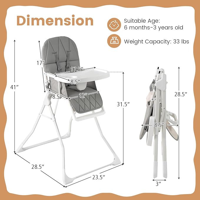 HONEY JOY High Chair, Foldable Baby Feeding Chair, Adjustable Tray & Footrest, Removable Easy-to-Clean PU Seat Cushion, 5-Point Harness, Cup Holder, Highchairs for Babies and Toddlers (Gray)