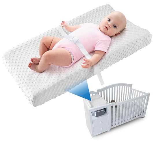 LOONAH Compact Small Changing Pad with Cover - 27" X 16" Contoured Baby Diaper Changing Pad for Combo Crib with Changing Table-Waterproof & Hypoallergenic, Safety Strap with Quick-Release Buckle-Grey