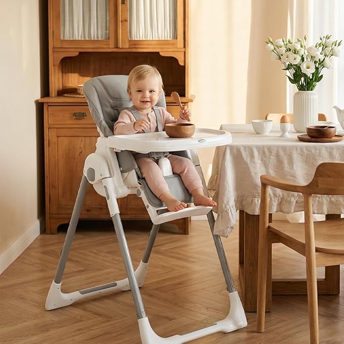 INFANS High Chair for Babies & Toddlers, Foldable Highchair with Multiple Adjustable Backrest Footrest Seat Height, Removable Tray, Detachable PU Leather Cushion, Built-in Rear Wheels (Light Grey)