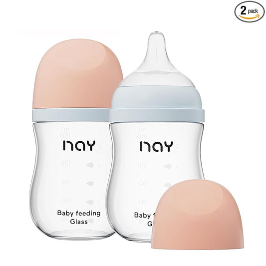yanyoyo Natural Glass Baby Bottle Wide Neck, Anti-Colic Baby Bottle, Clear, 5.4oz(Pack of 2), Includes 2Pcs Natural Response Nipple(S), 1 Months+
