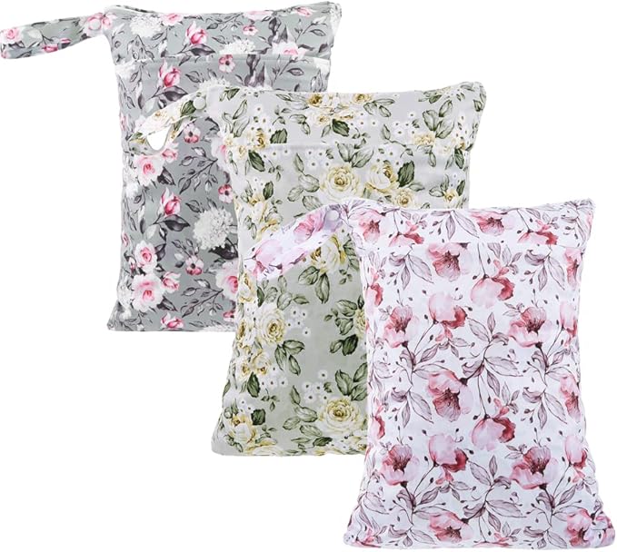 MOMIGO 3 pcs/set Wet Dry Bags for Baby Cloth Diapers - Reusable Washable for Stroller, Diapers, Travel Bags, Gym Bag 11.8 * 15.7 inch (Flower)