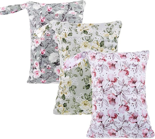 MOMIGO 3 pcs/set Wet Dry Bags for Baby Cloth Diapers - Reusable Washable for Stroller, Diapers, Travel Bags, Gym Bag 11.8 * 15.7 inch (Flower)