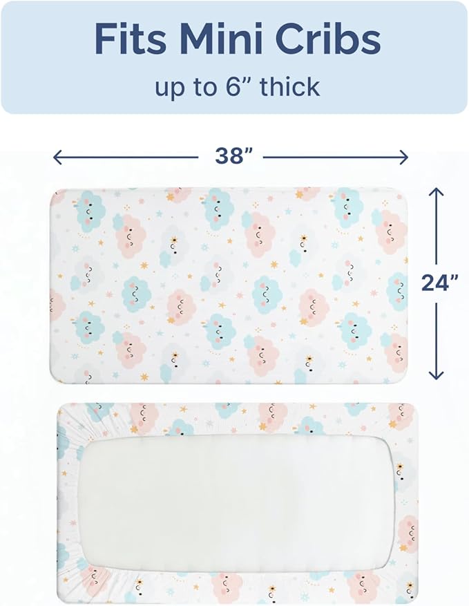2-Pack Mini Crib Sheets Fitted - Pack N Play Sheets for Pack and Play Mattress - Stretchy Soft Microfiber Playard Bedding - Mini Toddler Bed Cover for Boys & Girls - Oeko-Tex - 38 x 24in, Happy Clouds