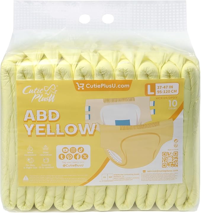 CutiePlusU Disposable Adult Diaper Heavy Absorption Dry Surface All Night- Yellow 10 Pieces (Large 37"-47")
