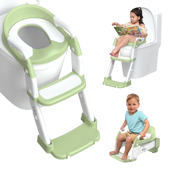 Potty Training Seat, Toddler Potty Training Toilet with Step Stool Ladder for Kids Boys Girls, 3 in 1 Foldable Toilet Seat Potty Chair with Urinals, Splash Guard, Handles, Anti-Slip Pad,Green
