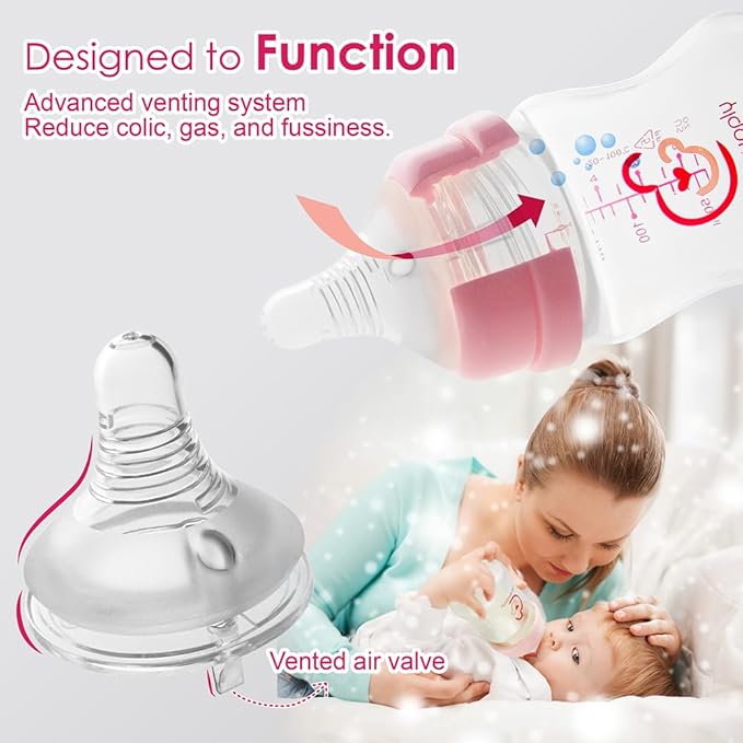 Nenesupply Natural Baby Bottles Newborn Flow Feeding Bottles Breastfeeding Bottle for Breastfed Babies Wide Neck 4.7oz Anti Colic Level 1 Nipple for 0+ Month Infant Replace Spectra Bottles for Pumping