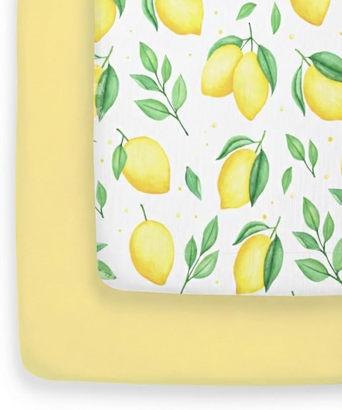 Pack and Play Sheets Fitted - 2 Pack Mini Crib Sheets for Pack N Play Mattress - Unisex Playard Microfiber Bedding for Boys & Girls - Soft, Breathable and Wrinkle Free - Oeko-Tex, 38 x 26in - Lemons