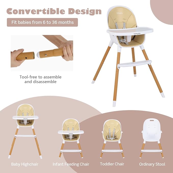 HONEY JOY High Chair, 3-in-1 Eat & Grow Highchair/Booster Seat/Toddler Chair w/Removable Tray, Safety Harness, Steel Legs, PU Cushion and Footrest for Baby, High Chair for Babies and Toddlers (Beige)