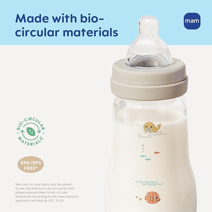 MAM 9oz Premium Glass Baby Bottle for Newborn, Wide Neck Medium Flow Breastfeeding Like Silicone Nipple, Easy Clean, BPA Free, 2+ Months, Easy Switch Between Breast and Bottle, 1 Pack, Unisex