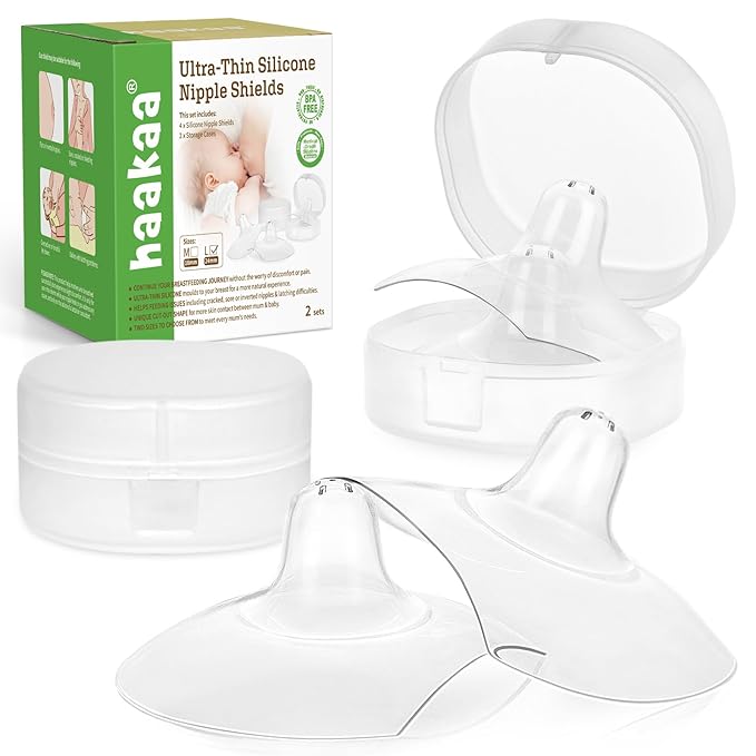 haakaa Silicone Nipple Shields for Breastfeeding Newborns, Contact Nipple Shield for Latching Difficulties, Flat or Inverted Nipples, Includes Storage Case (24mm, 4pcs)
