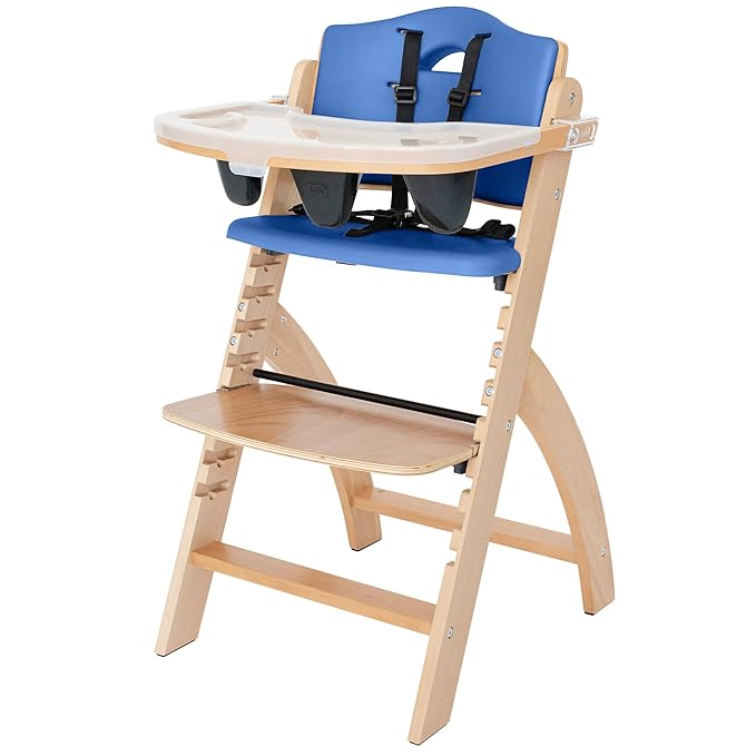 Abiie Beyond Junior Wooden High Chair for Babies and Toddlers - Convertible 3-in-1 Baby Highchair with Removable Tray - 6 Months to 250 Lb - Water Resistant - Natural Wood with Blueberry Cushion