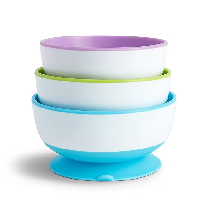 Munchkin® Snack Catcher® Toddler Snack Cups, 2 Pack, Pink/Purple & ® Stay Put™ Suction Bowls for Babies and Toddlers, 3 Pack, Blue/Green/Purple