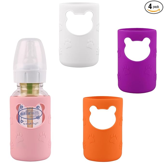 4 Pack Silicone Sleeves for Dr Brown's Glass Baby Bottles, Anti Breakage Baby Bottle Holder, Compatible Dr. Brown's Natural Narrow Glass Baby Bottles 4 oz, BPA Free (White+Pink+Purple+Orange)