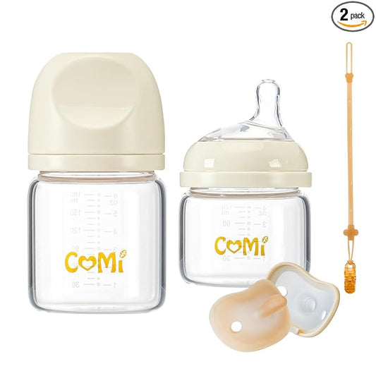 COMI Natural Glass Baby Bottles for Breastfeeding Babies,Newborn Anti-Colic Baby Bottle Set with Slow Flow Nipple,0-3 Months,BPA-Free,4 oz and 6 oz,2 Pack