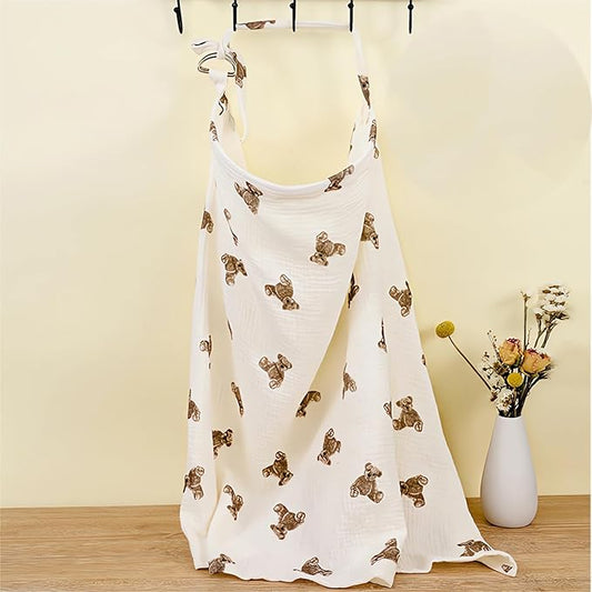 Muslin Nursing Cover for Baby Breastfeeding, Breathable 100% Cotton Privacy Nursing Covers, Multi Use Car Seat Stroller Cover (Bear)