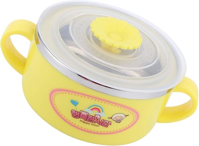 Zerodis 304 Stainless Steel Toddler Bowl with Double Layer Heat Insulation, Cartoon Design, Lid and Handles - Feeding Tableware (Yellow)