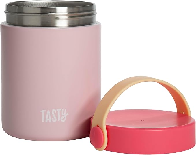 Tasty Food Jar with Folding Handle, Portable Snack Travel or Lunch Container, Stainless Steel Insulated Vacuum with Leak-Proof Lid, Keeps Food Hot or Cold for Hours, 15-Ounce, Pink