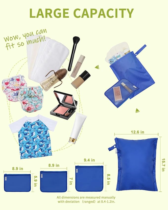 babygoal Waterproof Wet Dry Bags 2 Pack with 3pcs Clear Travel Bags for Beach, Baby Cloth Diapers, Swimsuit, Pump Parts, Pool, Gym, Toiletries,Makeup Cosmetics