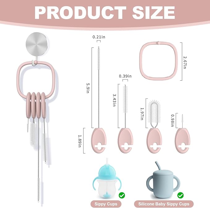 YOTIME 4 in 1 Straw Cleaner Brush Set, Reusable Standing Straw Brushes with Holder Ring, for Baby Bottles, Sippy Cups and Lids, Pink
