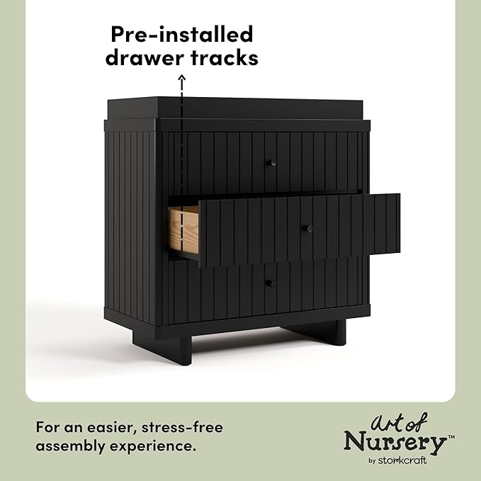 Storkcraft Kyoto 3 Drawer Chest with Topper (Black) - GREENGUARD Gold Certified, Nursery & Kids' Bedroom Wood Chest, Interlocking Drawer System, and Easy Assembly with Pre-Installed Tracks