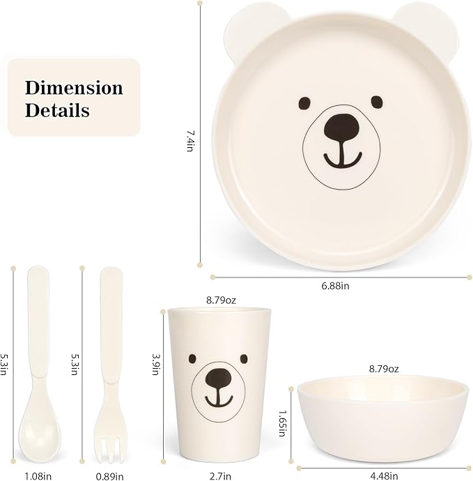 Dinnerware Set for Kids - 5-Piece Polar Bear-Themed Includes Plate, Bowl, Cup & Utensils | BPA-Free, Microwave & Dishwasher Safe | Ideal Gift for Boys (White - Polar Bear)