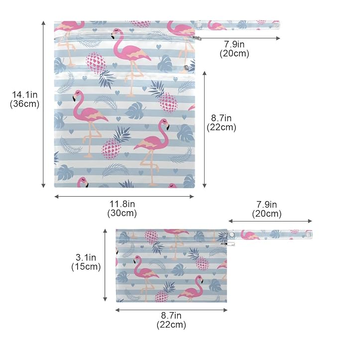 Moudou 2pcs Flamingo Wet Dry Bag Waterproof Reusable Baby Cloth Diaper Wet Dry Organizer with Two Zippered Pockets for Travel, Beach, Pool, Stroller, Diapers, Dirty Gym Clothes, Wet Swimsuits