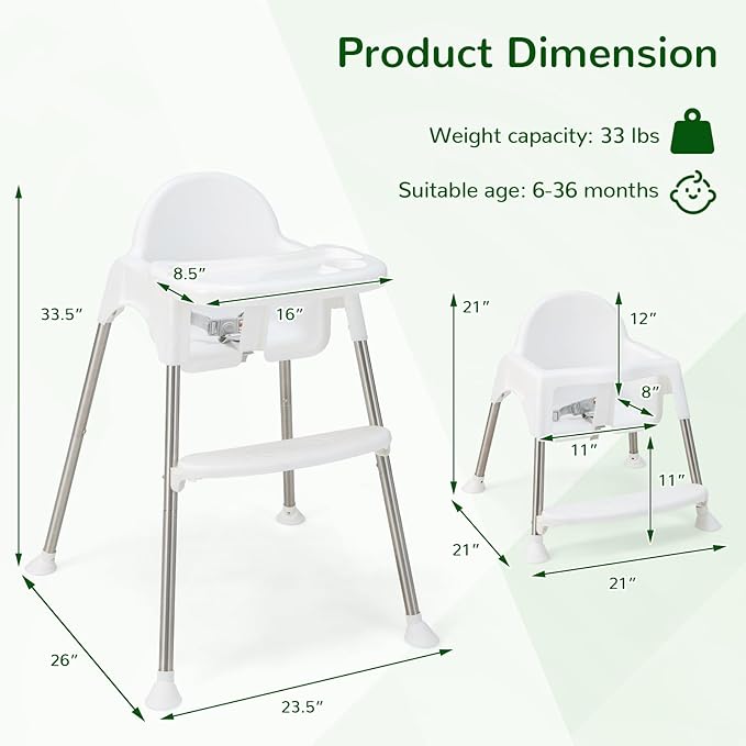 HONEY JOY Baby High Chair, 4 in 1 Convertible Highchair for Babies and Toddlers, Adjustable Legs, Double Removable Tray & Footrest, 3-Point Safety Harness for Infants Boys Girls (White)