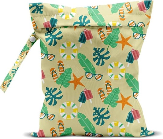 Wet Bag, Wet Dry Bag, Waterproof Swim Bags, Machine Washable Reusable Bags for Beach, Pool, Diapers, and Dirty Yoga Gym Clothes(Palm Leaf, Starfish & Beach Vacation Pattern