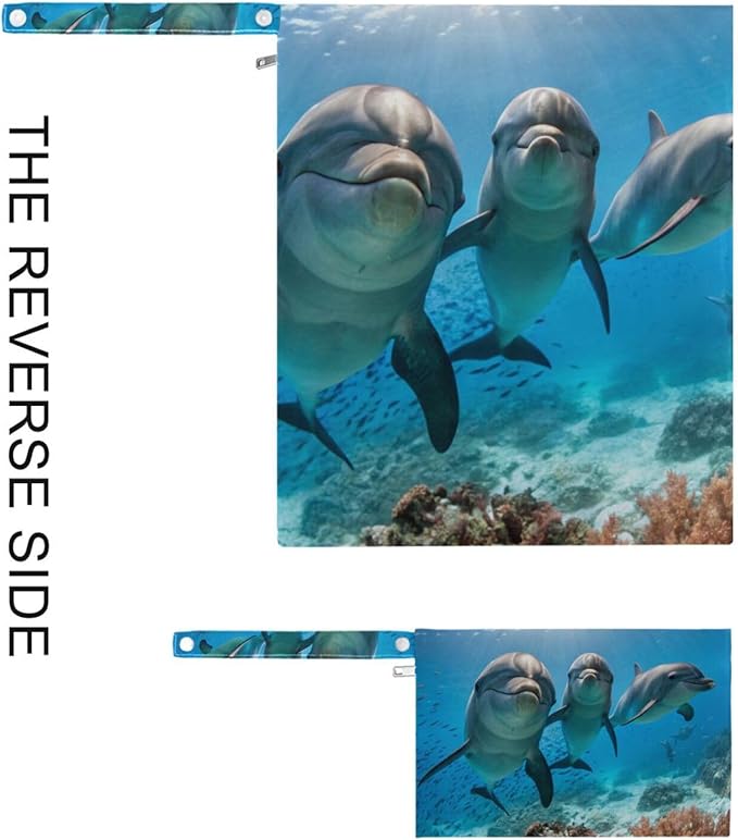 Three Cute Dolphins Wet Dry Bags Set of 2, Reusable Waterproof Organizer with Zipper Pockets for Baby Diapers, Swimsuits, Beach Travel Toiletries Storage