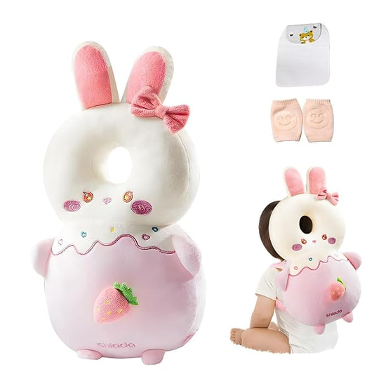 Baby Head Protector Backpack, Toddler Baby Head Protection Backpack with Baby Knee Pads Alarm Function for Walking & Crawling, Soft, Breathable and Wearing Safety Baby Head Protector-Pink Rabbit