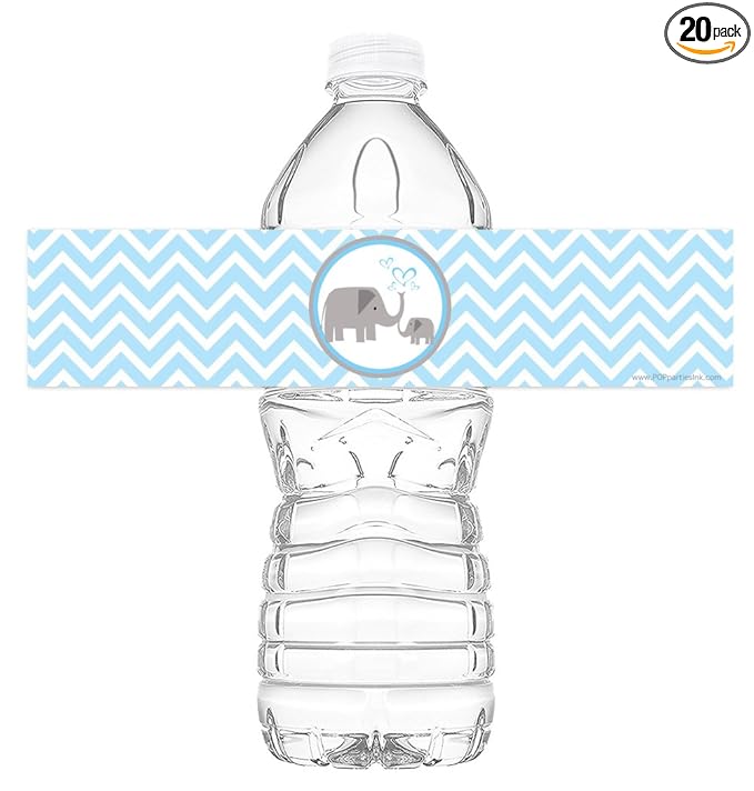 Little Elephant Blue Bottle Wraps - Set of 20 - Baby Shower Water Bottle Labels - Baby Shower Decorations - Made in The USA - Blue