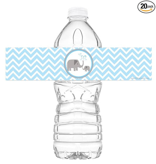 Little Elephant Blue Bottle Wraps - Set of 20 - Baby Shower Water Bottle Labels - Baby Shower Decorations - Made in The USA - Blue