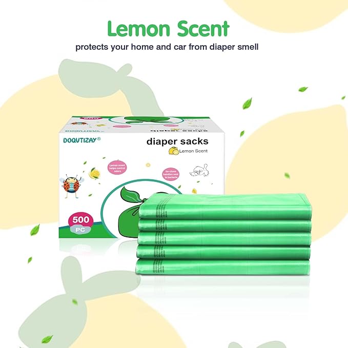 Baby Disposable Diaper Bags 500 Count Easy-To-Tie Diaper Sacks Enhanced Odor Control with Lemon Scent for Diaper Disposal or Pet Waste
