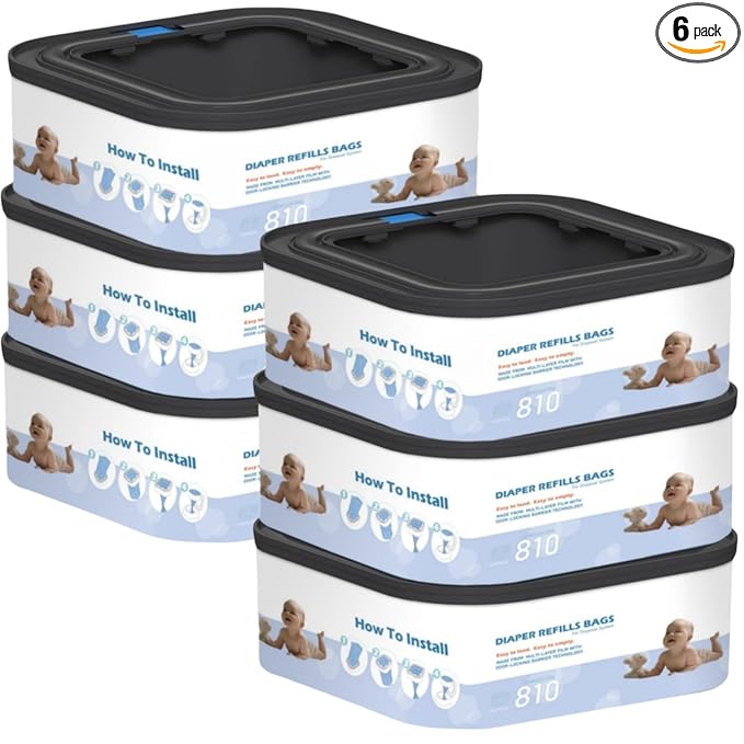 6 Packs Jumbo Square Refills Disposal Bags Refill Compatible with Diaper Genie Compact and Select Pails (Not Fit Classic Version Pails), Hold Up to 810 Newborn-Sized Diapers Per Refill