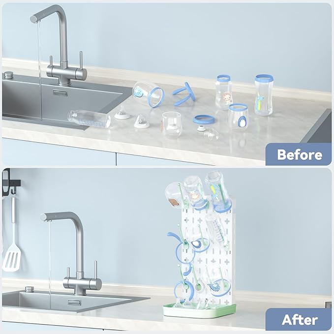 Baby Bottle Drying Rack Baby Bottle Holder Space Saving Bottle Dryer Rack Station Countertop Storage Organizer 12 Travel Bottle Drying Rack Vertical Breast Pump Part Plastic Bag Cup Dryer Tower Green