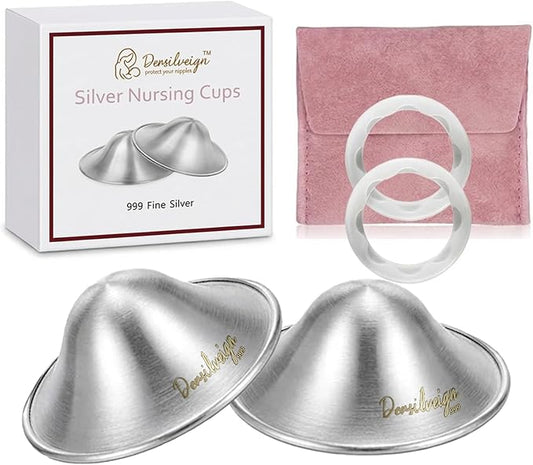 999 Original Silver Nursing Cups, Silver Nipple Cover with Silicone Protect Rings for Breastfeeding Essential, Silver Nipple Shield for Nursing Newborn, Metal Nipple Shields, Regular Size