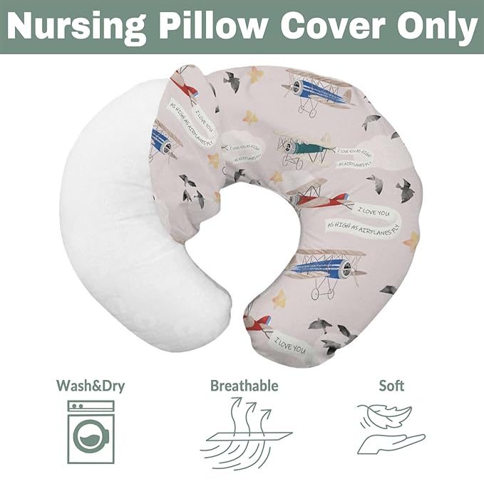 Vintage Planes Birds Sky Nursing Pillow Covers for Boy Girl Retro Flying Airplanes Baby Nursery Slipcover for Breastfeeding Pillows Aircraft Travel Soft Stretchy Removable Covers for Newborn Infant