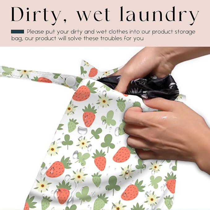 Wet Bag, Wet Dry Bag, Waterproof Swim Bags, Machine Washable Reusable Bags for Beach, Pool, Diapers, and Dirty Yoga Gym Clothes(Green Ditsy Strawberry Print