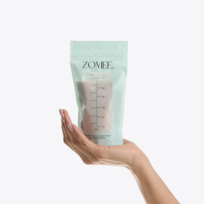 Zomee Breast Milk Storage Bags 8oz – Leakproof Double-Zip Seal, Self-Standing, Easy-Pour Design, Freezer Safe, Pre-Sterilized, BPA & Phthalate Free – Bulk Pack of 100
