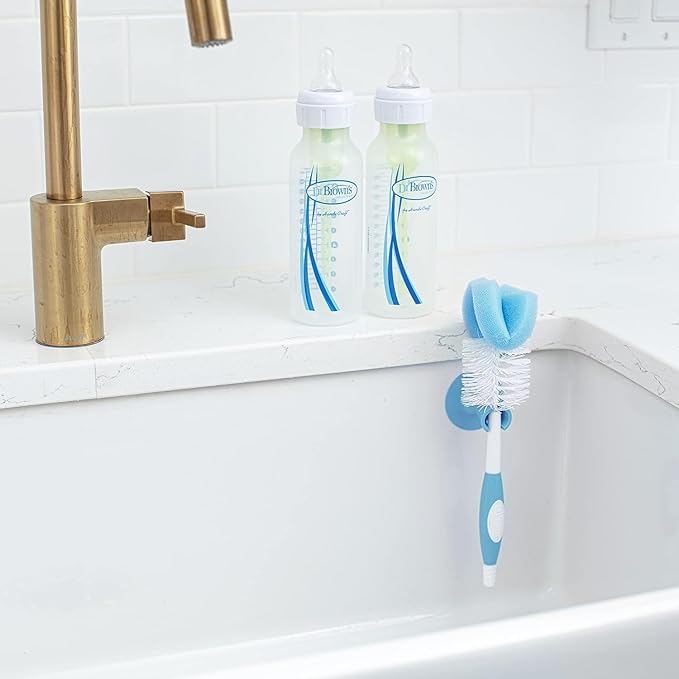 Dr. Brown's Natural Flow Anti-Colic Options+ Narrow Baby Bottles 8oz/250 mL, Level 1 Slow Flow Nipple, 4 Pack, 0m+, with Reusable Sponge Cleaning Brush, Blue 1-Pack & Fragrance-Free Dish Soap, 16oz